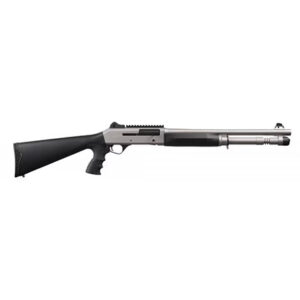 Silver and black shotgun with tactical design.
