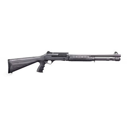 Gray tactical shotgun with sleek design.