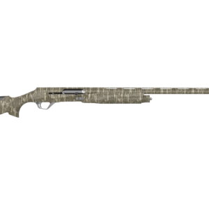 Side view of a camouflaged hunting rifle.