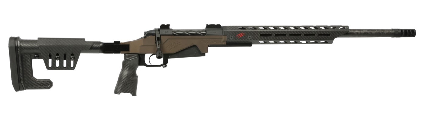 Side view of a modern rifle with carbon fiber design.