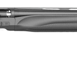 Side view of a sleek black shotgun.