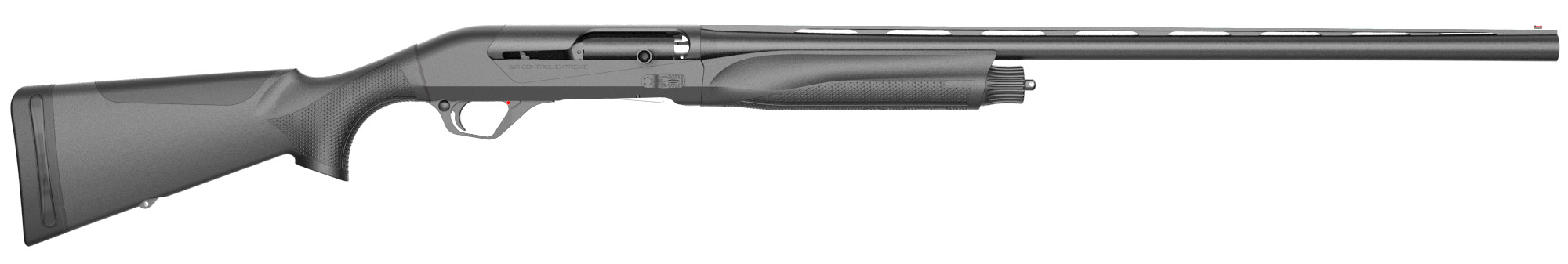 Side view of a sleek black shotgun.