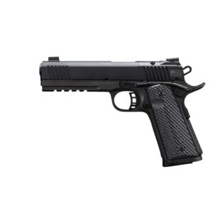Black handgun on a white background