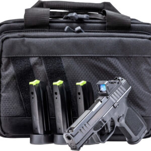 Black tactical bag with handguns and magazines.