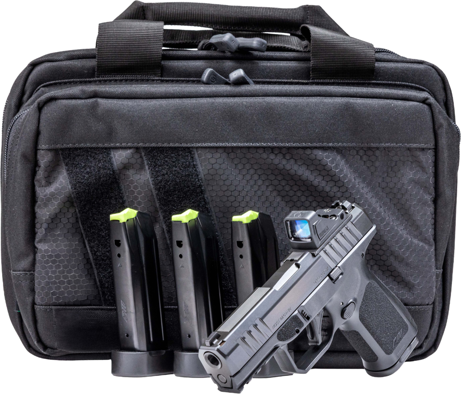 Black tactical bag with handguns and magazines.