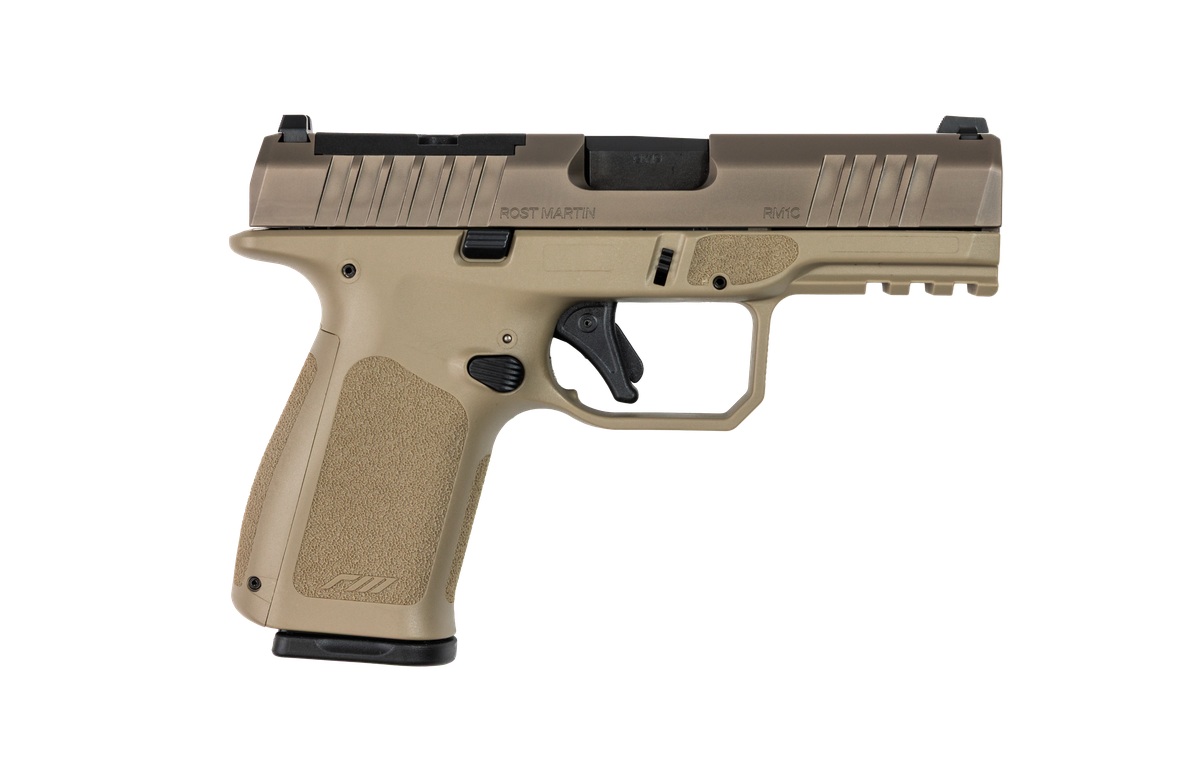 Tan semi-automatic handgun on a white background.