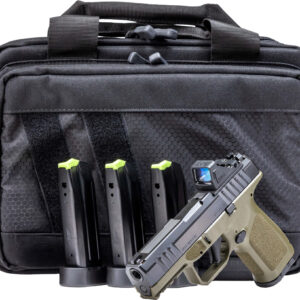 Black bag with handgun and magazines displayed