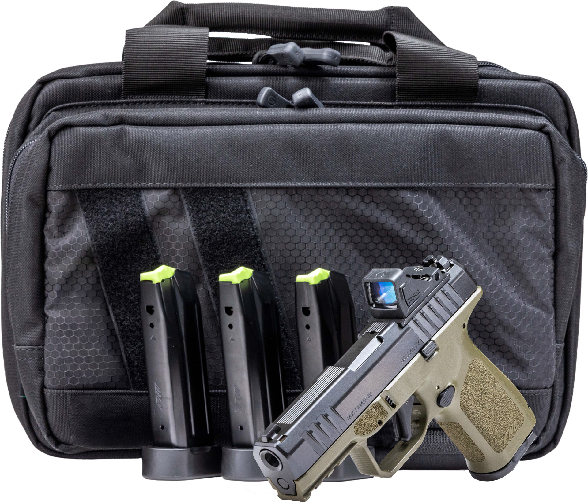 Black bag with handgun and magazines displayed