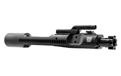 Black firearm bolt carrier group with attachments