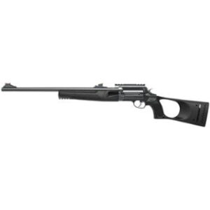 Black bolt-action rifle with scope mount.