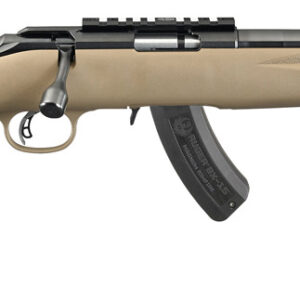 Side view of a tan rifle with black accents.