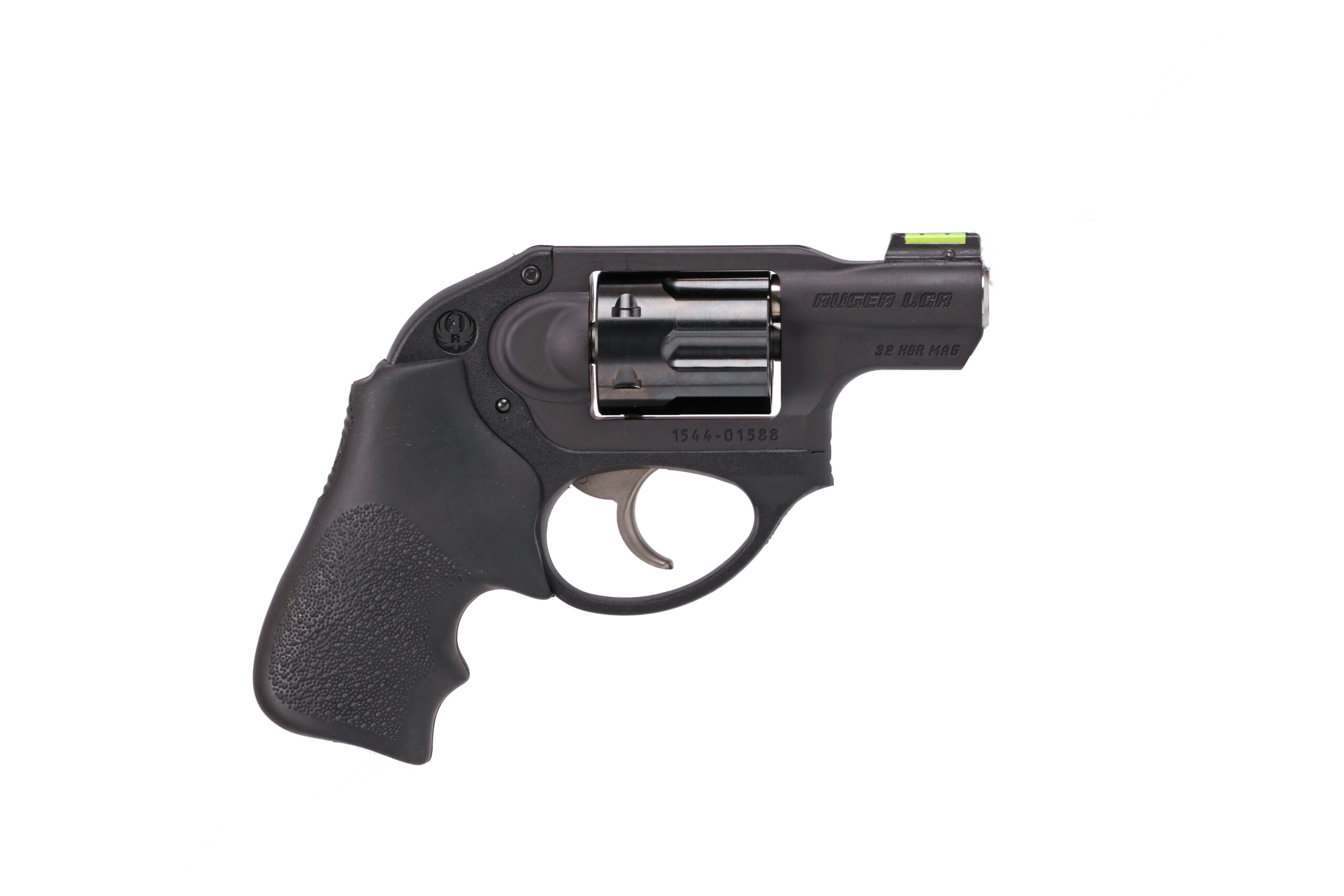Compact revolver with black grip and silver cylinder