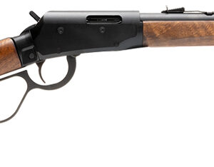 Side view of a wooden rifle with metal components