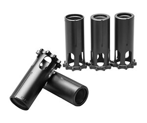 Black bike components arranged in two groups.
