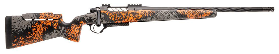 Sporting rifle with a black and orange design.