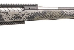 Camouflaged rifle displayed from the side.