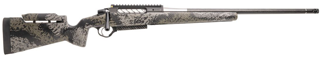 Camouflaged rifle displayed from the side.