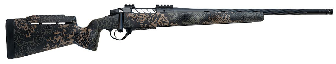 Camo-patterned rifle on a white background