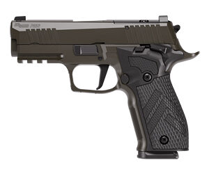 Side view of a modern handgun with grip.