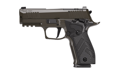 Side view of a modern handgun with grip.