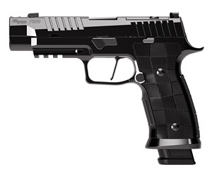 Black semi-automatic pistol with checkered grip