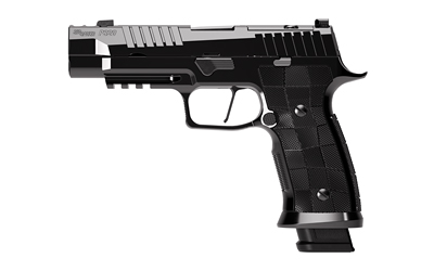 Black semi-automatic pistol with checkered grip