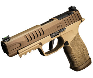 Tan pistol with textured grip and slide.