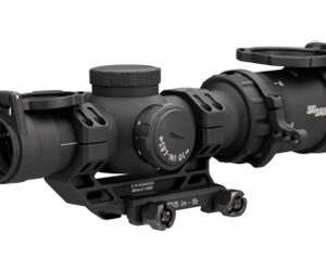 Black tactical rifle scope with adjustable features.