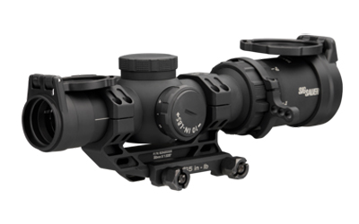 Black tactical rifle scope with adjustable features.