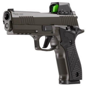 Detailed view of a SIG Sauer P226 handgun.