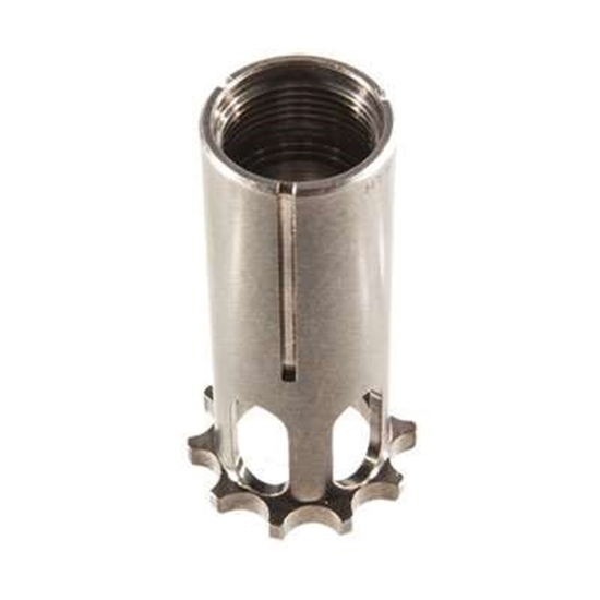 Metal cylinder with threaded interior and star-shaped base.