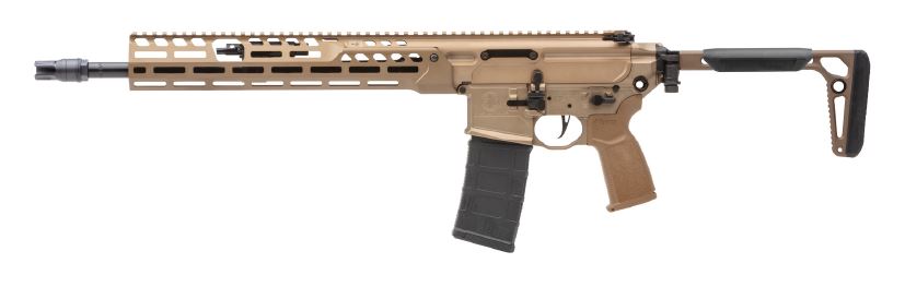 Side view of a tan tactical rifle.