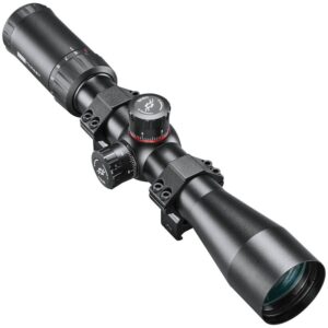 Black rifle scope with adjustable settings.