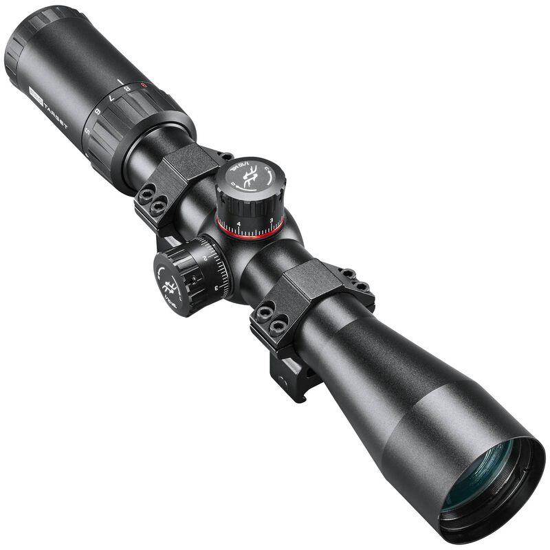 Black rifle scope with adjustable settings.