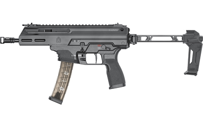 Modern firearm with a tactical design.