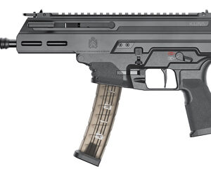Black firearm with transparent magazine