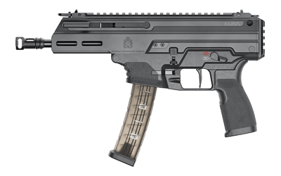 Black firearm with transparent magazine