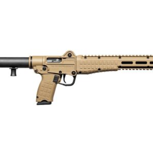 Tan firearm with a sleek design and accessories.
