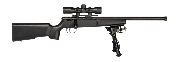 Long black rifle with a scope and bipod