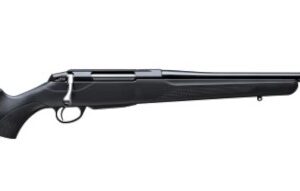 Side view of a sleek black rifle.