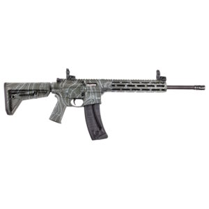 Camouflaged firearm with a sleek design.