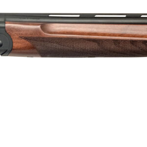 Side view of a sporting shotgun with wooden stock.