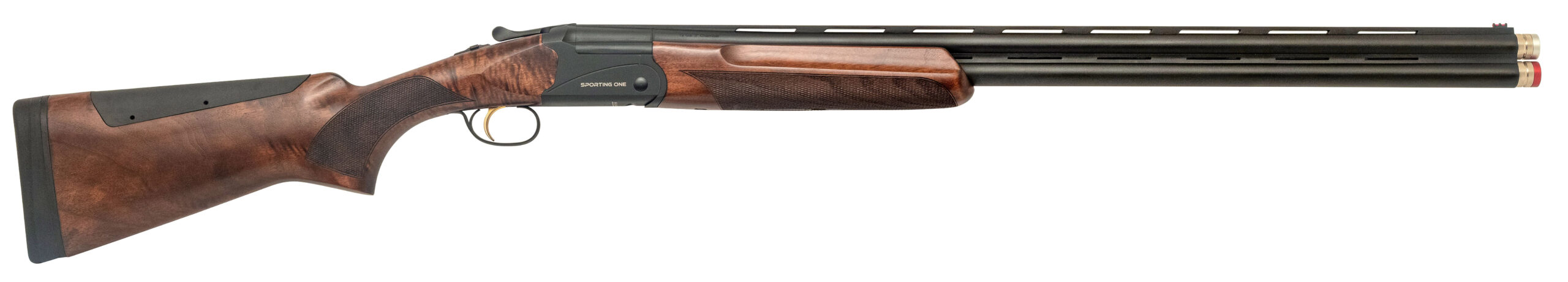 Side view of a sporting shotgun with wooden stock.