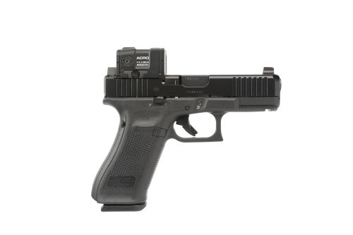 Side view of a black semi-automatic handgun.