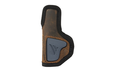 Brown leather pistol holster with gray accents