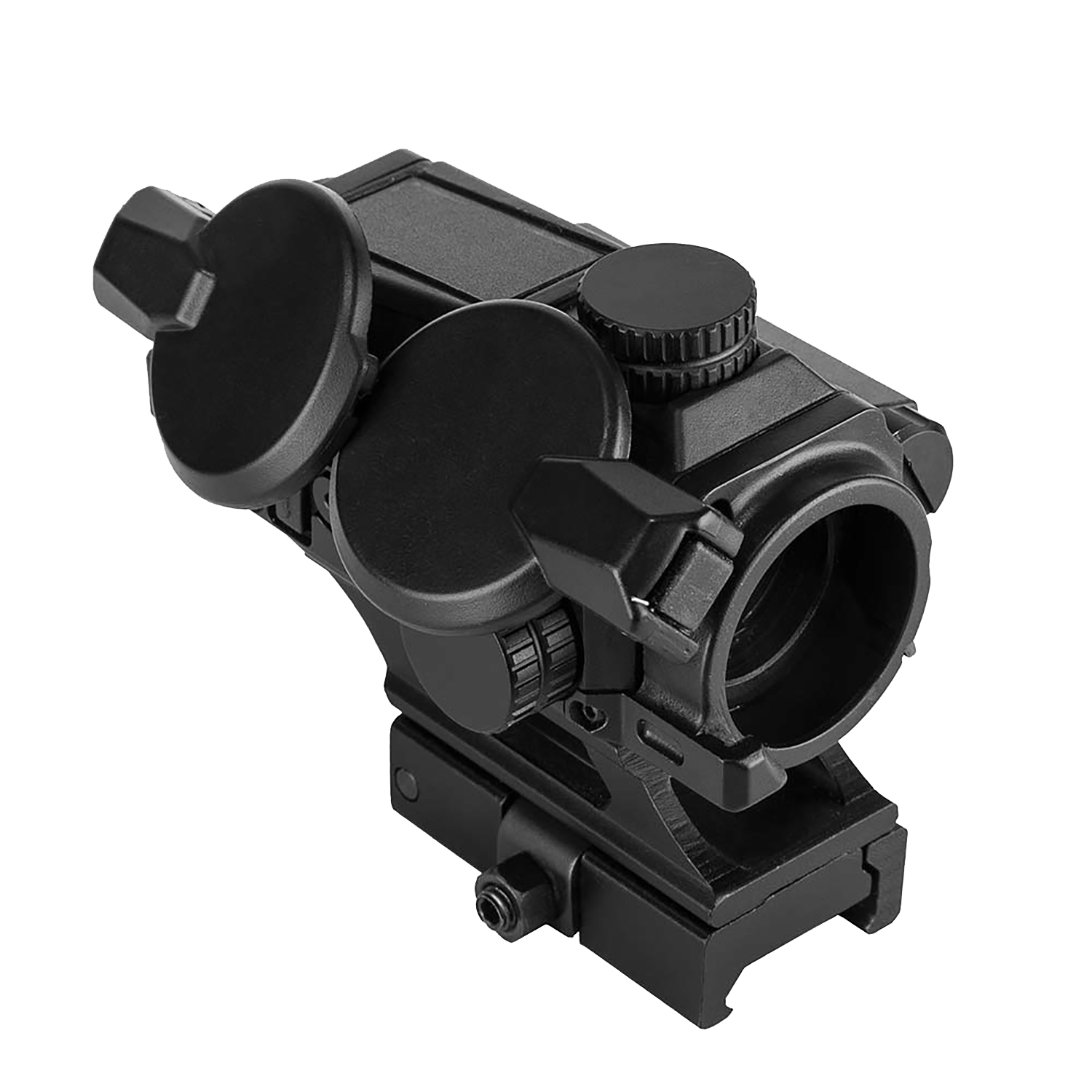 Black rifle scope with lens covers and adjustments