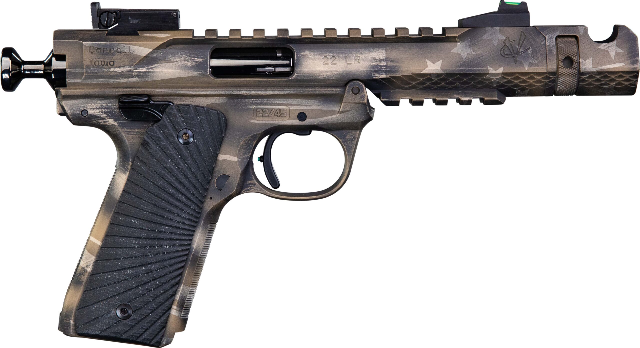 Handgun with camouflage pattern and tactical design.