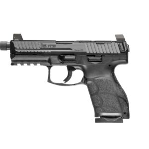 Black handgun on a white background.