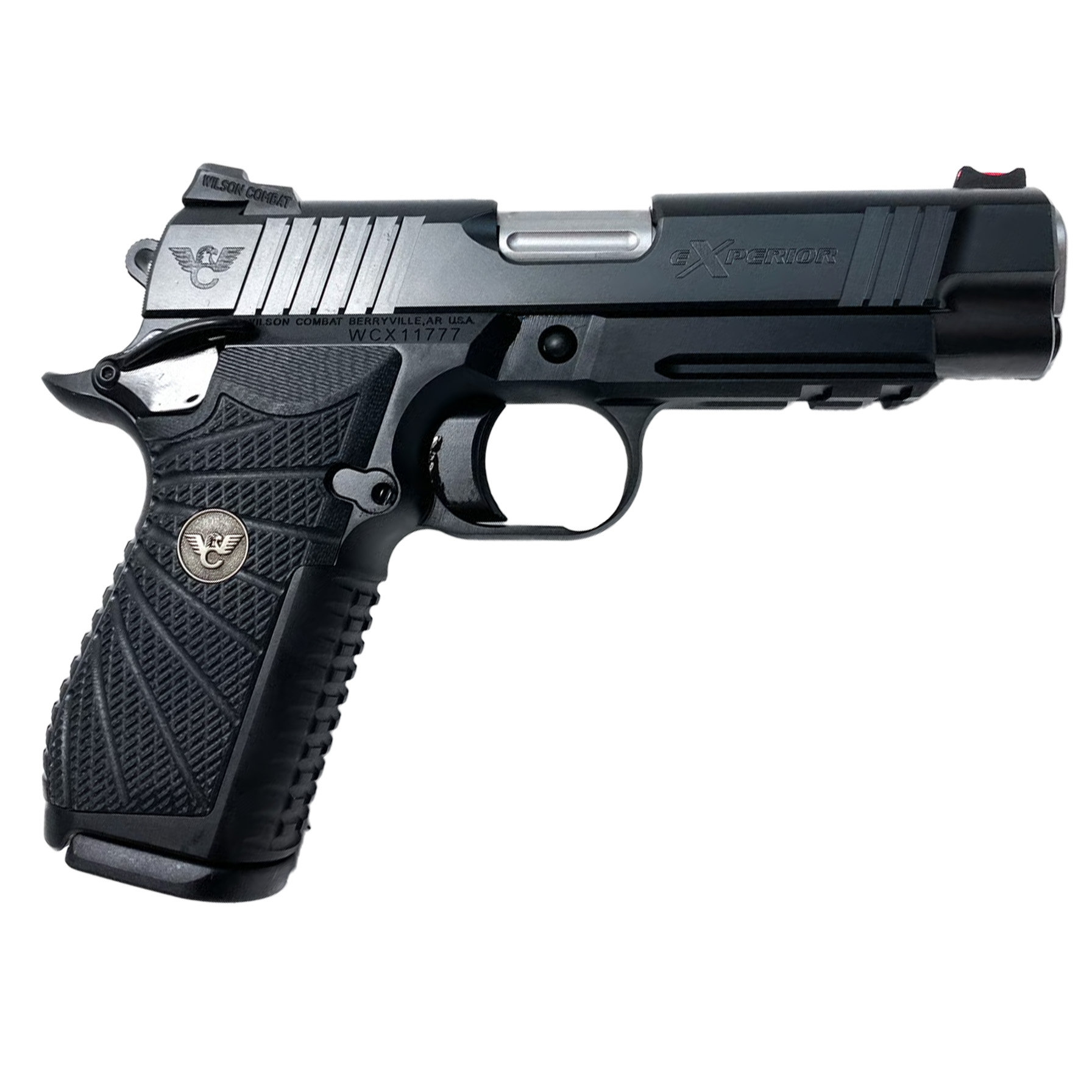 Black semi-automatic handgun on white background.