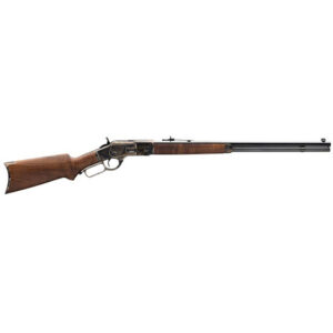 Lever-action rifle with wood stock and barrel.